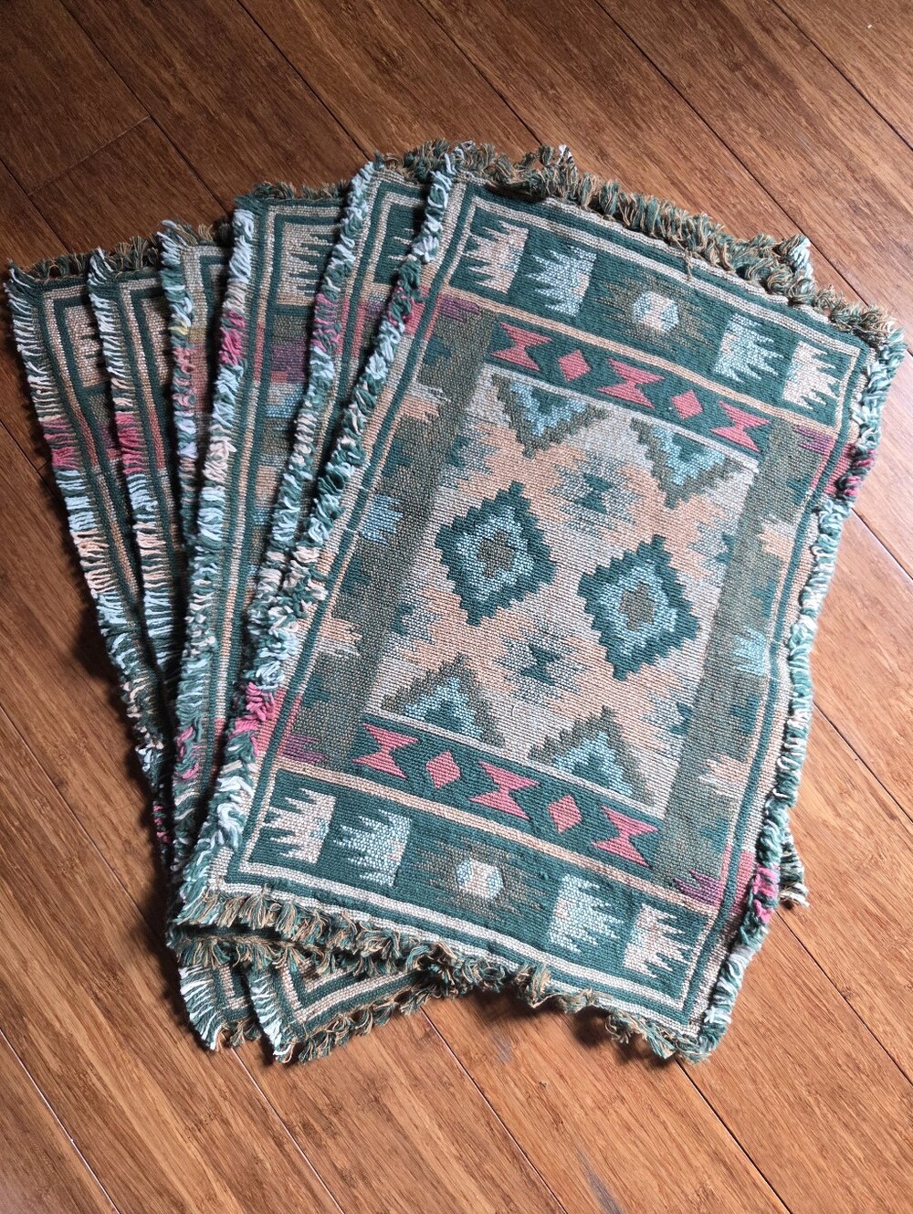 Vintage Tapestry Placemats Set of 7 Southwestern Kilim Style Woven Aztec 90s